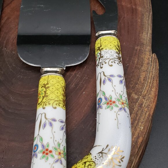 Vintage Sheffield England 4 Pc Serving Utensil Set Porcelain Handles Floral Gold - Picture 7 of 12